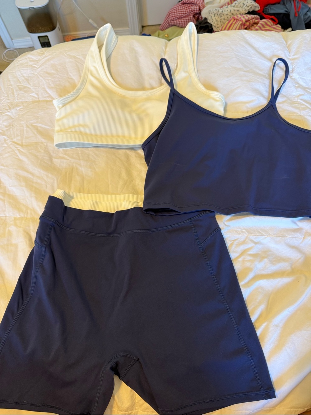 Cream Ribbed Bralette & Navy Active Crop Top and Shorts Set